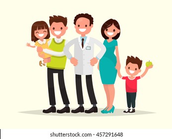 Family dentist or doctor. The stomatologist and his smiling patients . Vector illustration of a flat design