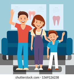 Family Dentist Visit Flat Vector Illustration. Happy Father, Mother and Son Cartoon Characters. Child with Parents in Stomatology Waiting Room. Dental Health, Mouth Hygiene, Orthodontic Treatment