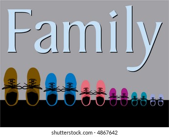 A family is depicted with a row of their shoes