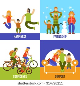 Family design concept set with happiness friendship confidence support flat icons isolated vector illustration