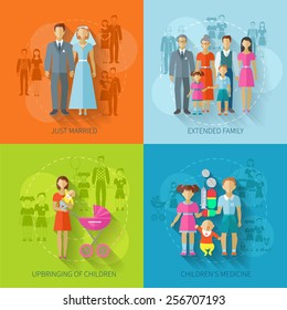 Family design concept set with just married children medicine flat icons set isolated vector illustration