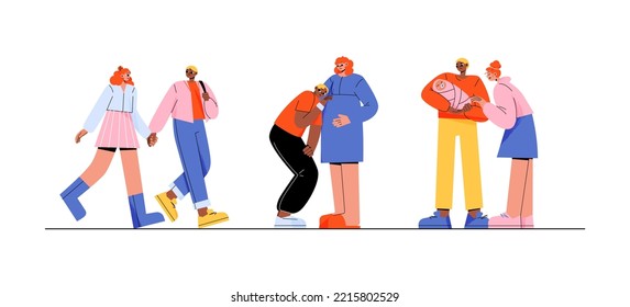 Family development stages, couple in love, man with pregnant woman and parents with baby. Happy people with newborn child, multiracial family concept, vector flat illustration