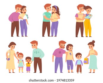 Family development stages. Happy couple life, relationship between man and woman periods, pregnant wife, motherhood and fatherhood, cute parents with children. Vector cartoon isolated set