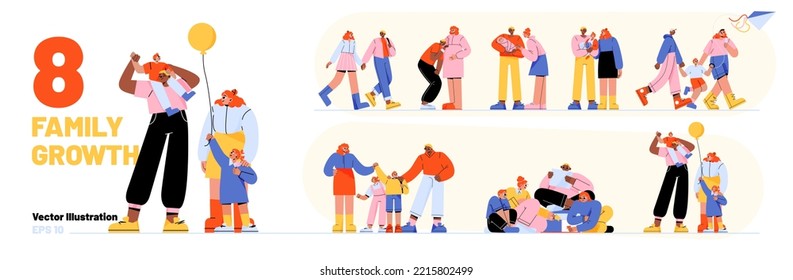 Family development stages, life cycle, kids growth process. Couple in love, pregnancy, children birth. Happy parents with son and daughter at different ages, vector flat illustration