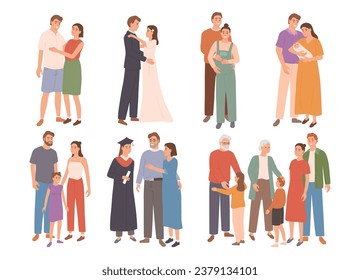 Family development stages. Lifes Journey from meeting to Grandparenthood cartoon vector illustrations set. Dating, wedding, pregnancy, giving birth and child graduation from university