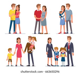 Family development stages. Mother, father and kids. Flat style vector illustration isolated on white background.