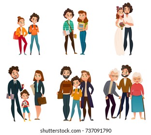Family development stages set including couple in childhood, during wedding, parenting, old age isolated vector illustration 