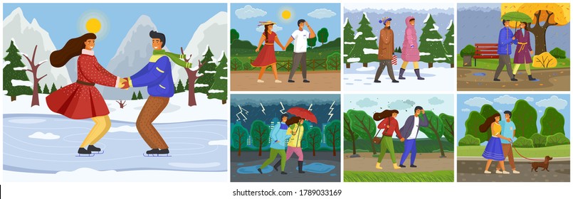 Family different seasons outdoor activities, couple man and woman walking with dog in city park, having fun, ice skating, go in the rain with an umbrella. Happy people spend time together scenes set