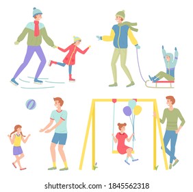 Family different seasons outdoor activities, father and daughter walking, having fun on a swing, ice skating, sledding, playing with ball isolated on white. Happy parent and kid spend time together