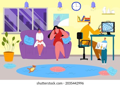 Family with digital addiction at home, vector illustration. Mother father daughter character use technology with social media, little son show drawing