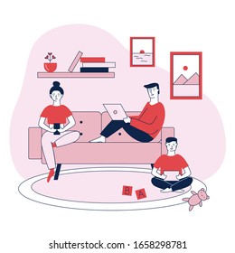 Family with digital devices flat vector illustration. Mom, dad, and kid with laptop, phone, and tablet. People wasting time in internet. Social media and gadget addiction problem concept.