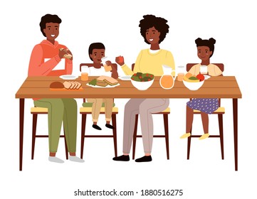 The family dines with healthy food. Relatives eat natural fresh products vector illustration. Afro american people having dinner isolated on a white background. Table with fruit, salad and sandwiches