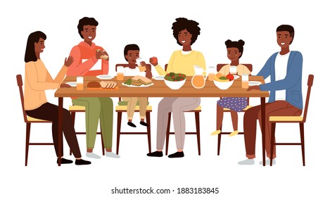 The family dines with healthy natural food. Relatives are communicating at the dinner table. Afro american people having lunch isolated on a white background. Table with fruit, salad and sandwiches