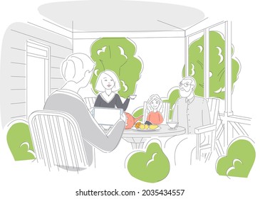 family dining on the veranda