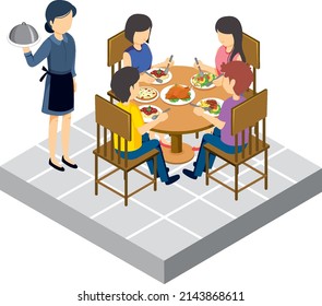 Family dining table with a waitress isometric illustration
