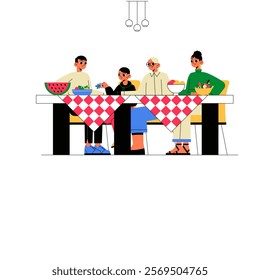 Family Dining Together With Table And Food Items In Flat Vector Illustration Symbolizing Togetherness, Meal Sharing, And Social Gathering, Isolated On White Background.