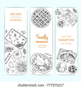 Family dinner banner set, vector illustration. Friendly dinner table. Food menu. Engraved style banner collection. Hand drawn sketch, design template.