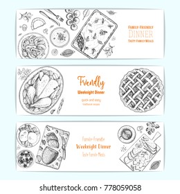 Family dinner banner set, vector illustration. Friendly dinner table. Food menu. Engraved style banner collection. Hand drawn sketch, design template.