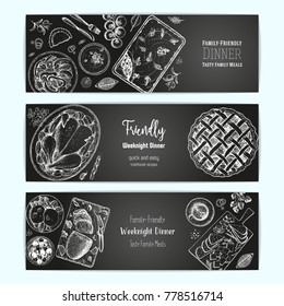Family dinner banner set, vector illustration. Friendly dinner table. Food menu. Engraved style banner collection. Hand drawn sketch, design template.