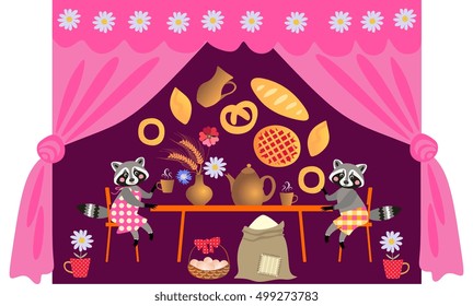 Family dinner. Beautiful vector card with cartoon animal characters. Tea party with cute raccoons. Teatime. 