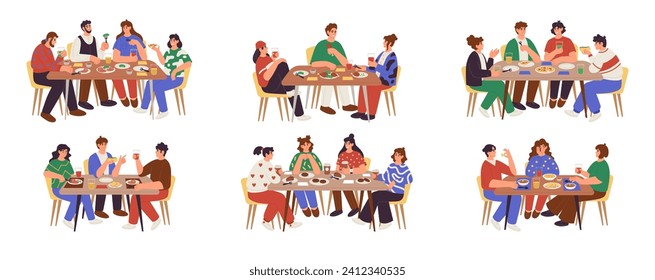 Family dinner in cafe. Group of cartoon people eats breakfast meal. Office men and women have lunch together. Delicious cake or pizza. Holiday food. Parents with kids. Dining tables vector tidy set