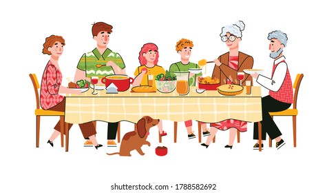 Family Dinner Or Celebration Of Family Event Scene With Cartoon Characters Of Adults And Children At Table, Sketch Vector Illustration Isolated On White Background.