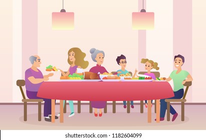 Family dinner. Christmas or Thanksgiving day celebrating. Family eating together.
