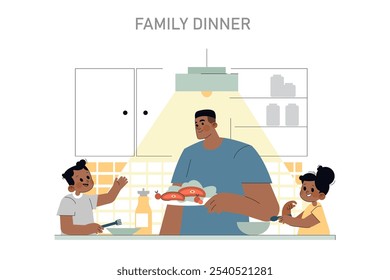 Family Dinner concept. A heartwarming scene of a father cooking while his children engage at the kitchen counter. Home-cooked meal preparation. Vector illustration.