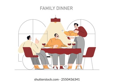 Family Dinner concept. A joyful gathering around the table with a home-cooked meal, embodying warmth and togetherness. A moment of shared conversations and laughter. Vector illustration.