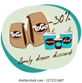 Family dinner discount AD banner. Take away coffee house banner. Mom, dad and me. Tea or milkshake cup.  beverages to go. street food vector flat logo