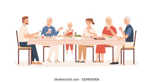 Family Dinner. Grandparents, Parents And Kids Sitting At Holiday Table, Happy People Eating Delicious Food, Vector Concept. Illustration Mother And Father With Big Family Have Dinner