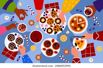 Family dinner. Hands at dining table. People talking and eating holiday food together. Meal lunch. Friends party meeting. Holiday drinks. Festive pastries top view. Vector cartoon tidy illustration