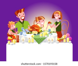 Family dinner. Happy people celebrate Thanksgiving day or Christmas at home. Vector illustration in cartoon style