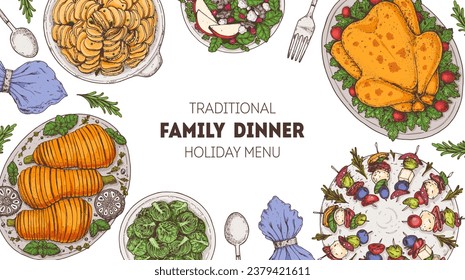 Family dinner. Holiday menu. Food design template. Cartoon style. Food and drink set. Hand drawn sketch, design template.