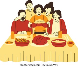 Family dinner at home. Flat vector illustration isolated on a white background.