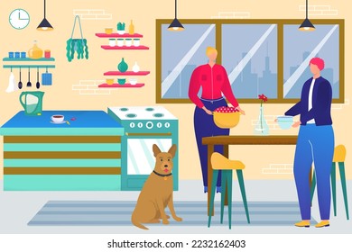 Family dinner at home, vector illustration. Man woman couple cook food together, preparing flat kitchen table. Happy cartoon female male person