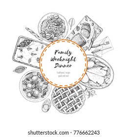 Family dinner label. Food menu design template. Vintage hand drawn sketch vector illustration. Circle concept. Engraved image