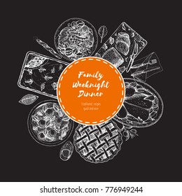 Family dinner label. Food menu design template. Vintage hand drawn sketch vector illustration. Circle concept. Engraved image