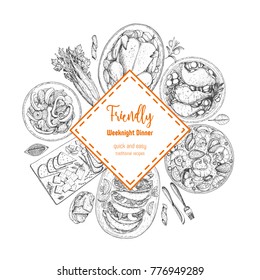 Family dinner label. Food menu design template. Vintage hand drawn sketch vector illustration. Circle concept. Engraved image