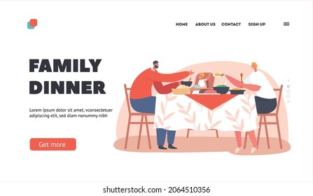 Family Dinner Landing Page Template. Happy Father, Mother and Little Baby Having Dinner Sitting Table with Food on Kitchen. Parents and Child Eating Tasty Meal. Cartoon People Vector Illustration