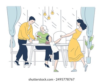 Family with dinner. Man sets table for his grandmother, mother dances with her daughter. Relatives spend time together indoors. Fun and leisure indoors. Linear vector illustration