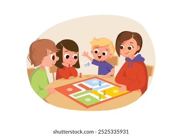 Family dinner. Family members relatives having fun while playing board game.  Hole family seats by table and plays table games together.Spending time playing tabletop games. Vector illustration.