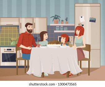family dinner on the kitchen table with mom dad and two children vector illustration
