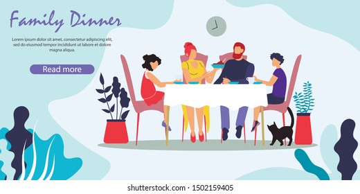 Family Dinner. Parents and Children Having Meal with Fresh Cooked Food Sitting on Kitchen around Table at Domestic Atmosphere, Home Spare Time. Cartoon Flat Vector Illustration, Horizontal Banner