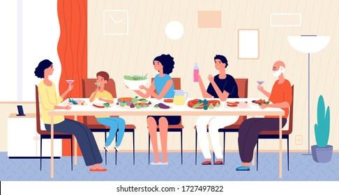 Family Dinner. People Eating, House Holiday Meals. Dining Or Living Room, Man Woman Kids Sitting At Table. Lunch At Home Vector Illustration