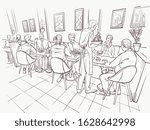 Family dinner. People are talking and eating in a cafe or a bistro of the city . Love date or business meeting are in a restaurant. The waiter brought the order. Vector illustration is in sketch style