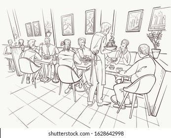 Family dinner. People are talking and eating in a cafe or a bistro of the city . Love date or business meeting are in a restaurant. The waiter brought the order. Vector illustration is in sketch style