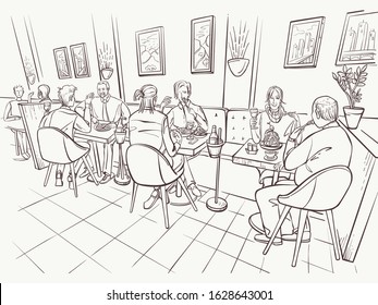 Family dinner or scene of breakfast is in restaurant interior. People are talking and eating in a cafe or a bistro of the city. Vector illustration is in sketch style.