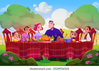 Cena familiar en el jardín de verano. Ilustración de dibujos animados de Vector de padres felices y niños sentados en la mesa en el patio trasero con árboles verdes y flores, comida saludable en platos, disfrutando del tiempo juntos