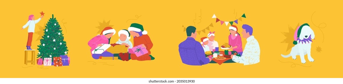 Family dinner at table with candles illustration. Christmas fun with kids, gifts unpacking, dog in Santa hat. Home and Xmas tree decoration. Cozy winter time cartoon vector bundle. New year concept